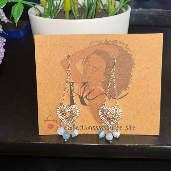 Heart Dangle Earrings with Blue Agate – Peace & Protection - Picture 3 of 3